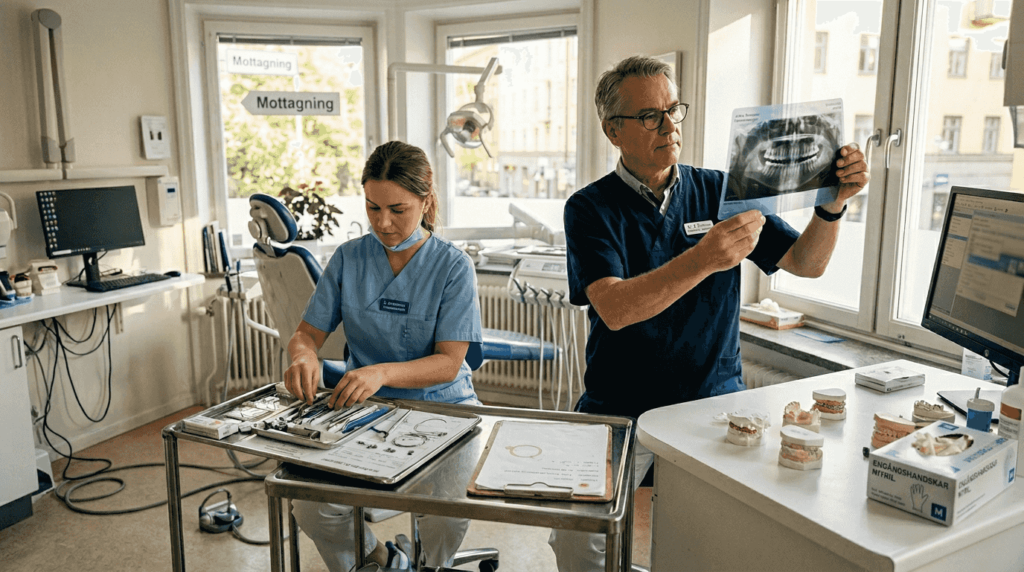 Ortodontisten och tandsköterskan tittar tillsammans på röntgenbilden.