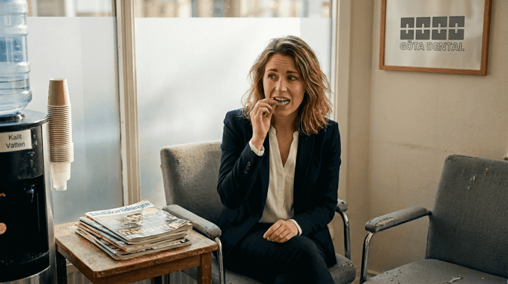 En patient justerar sin genomskinliga tandställning hos tandläkaren.