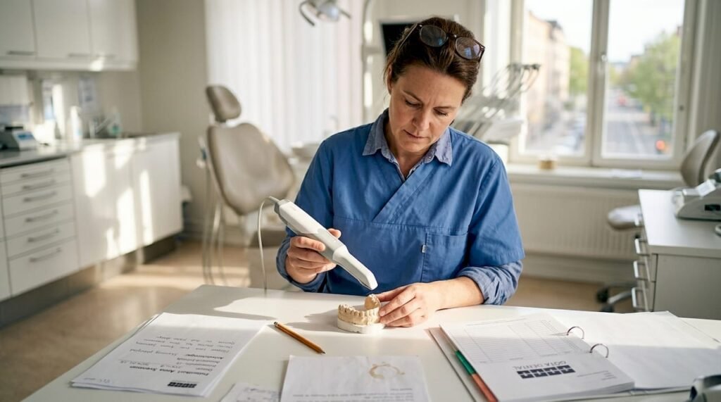 En ortodontist undersöker tandmodeller på sitt kontor.