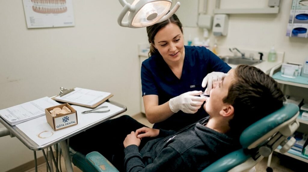 Tandläkaren sätter in en fast retainer för att hålla tänderna på plats efter en tandreglering.