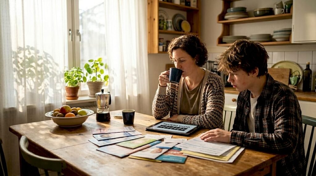 Förälder och tonåring går igenom papper om tandvårdskostnader tillsammans.