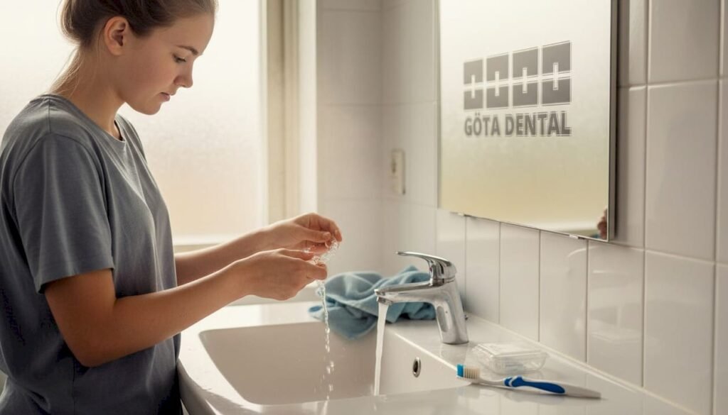 En tonårstjej står vid handfatet i badrummet och rengör sin tandställning.