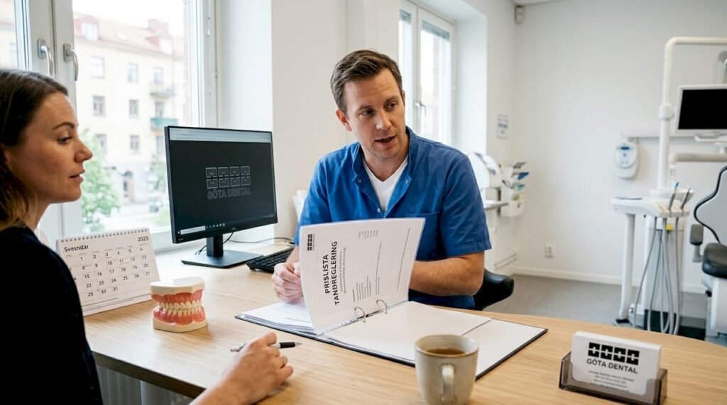 Tandläkaren går igenom prislistan med en patient på mottagningen.