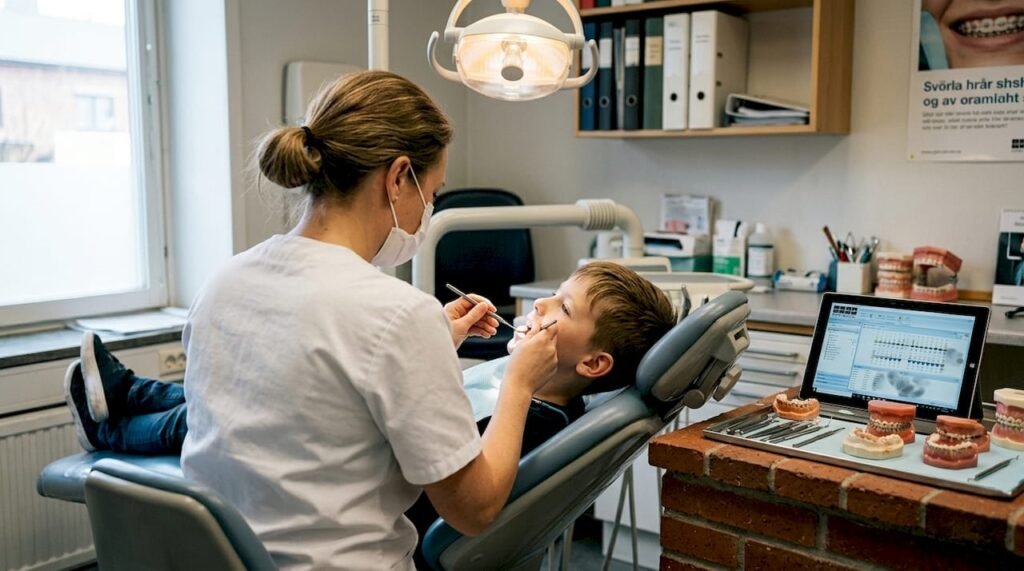 En specialist på tandreglering gör en undersökning av ett barns tänder på mottagningen.