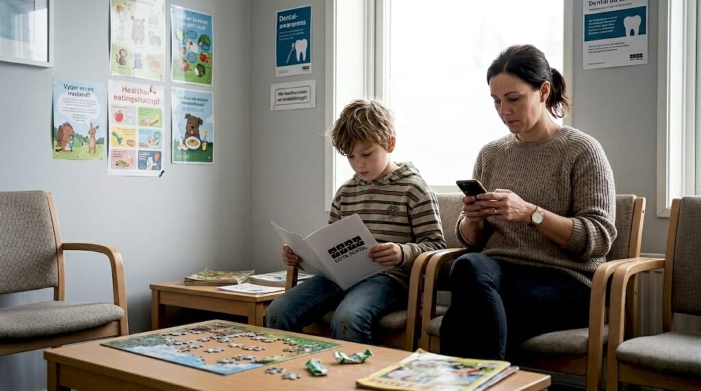 En mamma och hennes barn sitter i väntrummet hos tandläkaren.