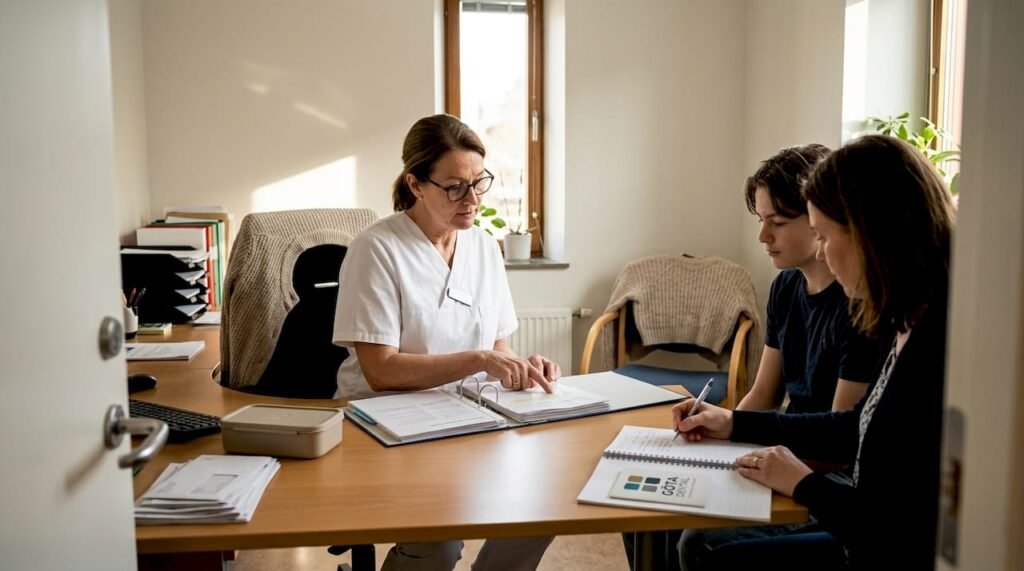 Tandläkaren går igenom tandregleringsplanen tillsammans med familjen