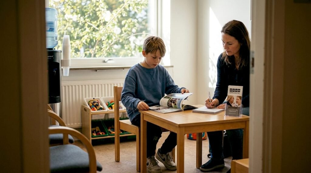 Ett barn och dess förälder sitter och väntar på att få träffa en specialist.
