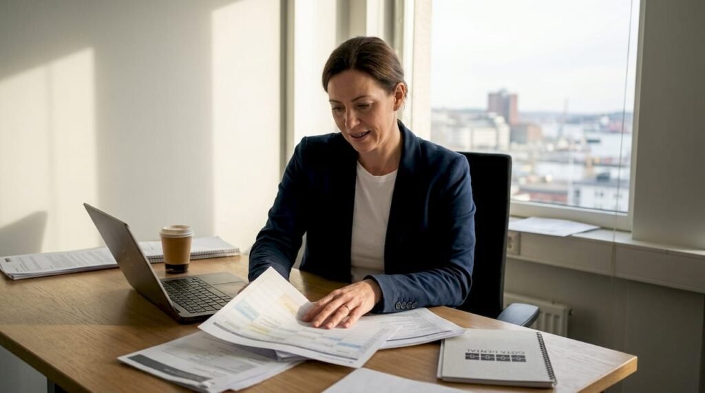 En kvinna med tandställning sitter på kontoret och går igenom sitt schema.