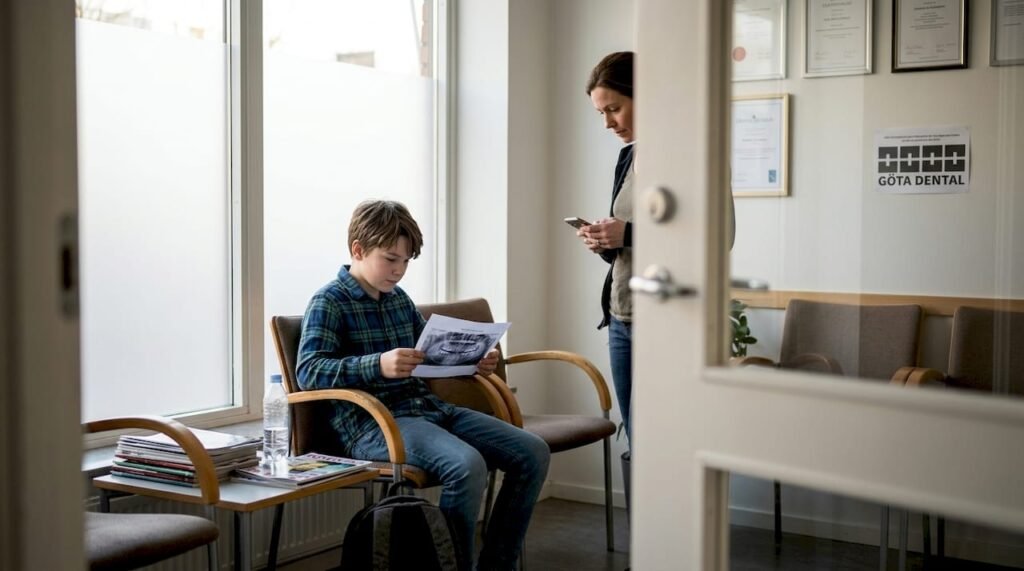 Ett barn sitter i väntrummet på tandläkarmottagningen och tittar på sin röntgenbild.