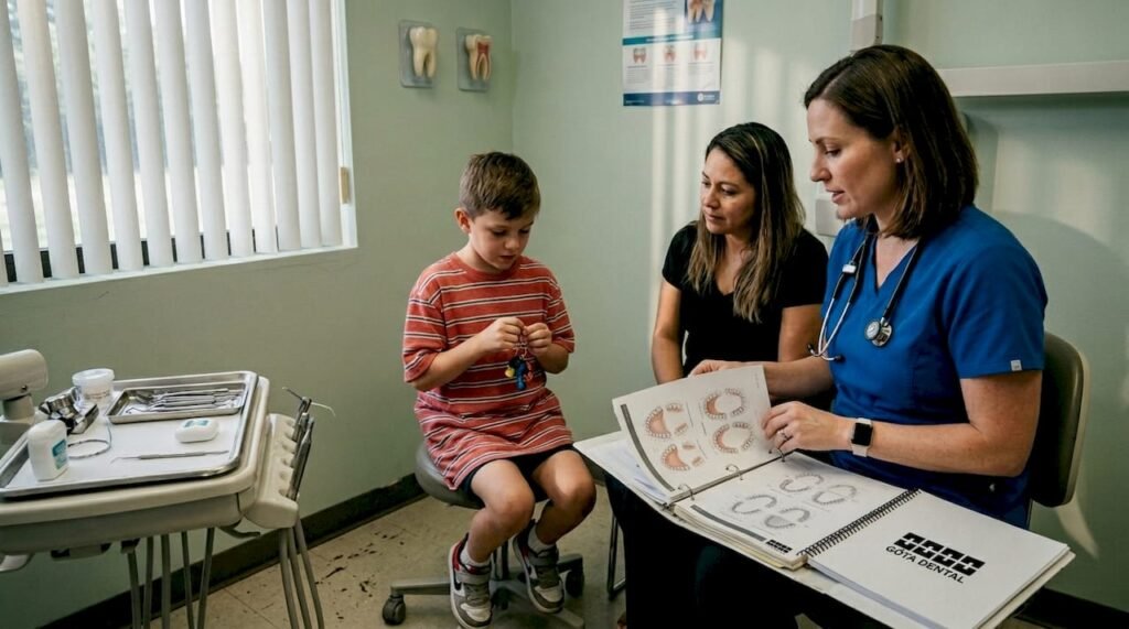 Tandregleraren diskuterar behandlingsalternativ med barnet och föräldern