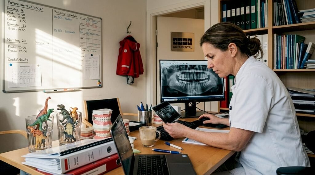 En ortodontist går igenom tandröntgenbilder på sitt kontor på kliniken.