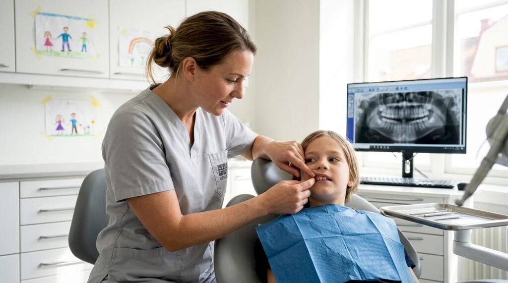 Vid tandläkarbesöket kontrolleras barnens framtänder noggrant för att upptäcka eventuella tecken på öppet bett.