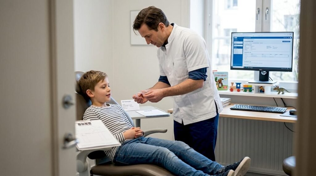 Ett barn visar upp sin tandställning hos tandregleraren