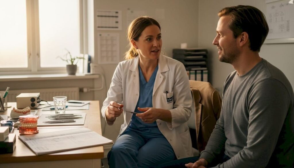 En tandregleringsspecialist går igenom behandlingsalternativ tillsammans med en vuxen patient.