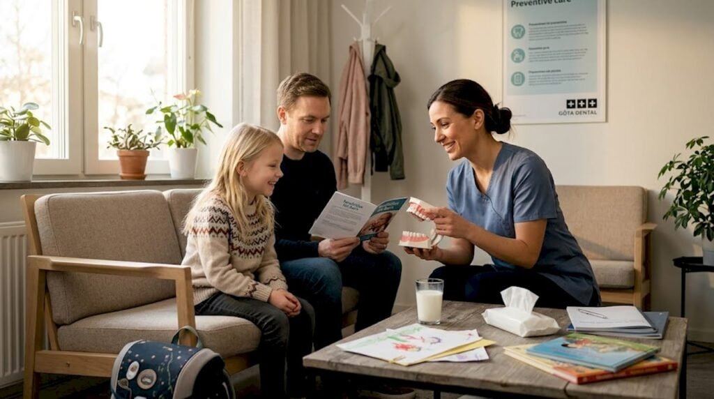 Tandläkaren går igenom behandlingen tillsammans med barnet och föräldern