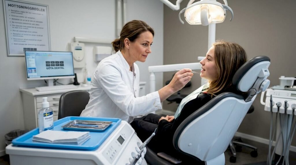 En tandläkare gör en undersökning av en tonårings bett på kliniken.