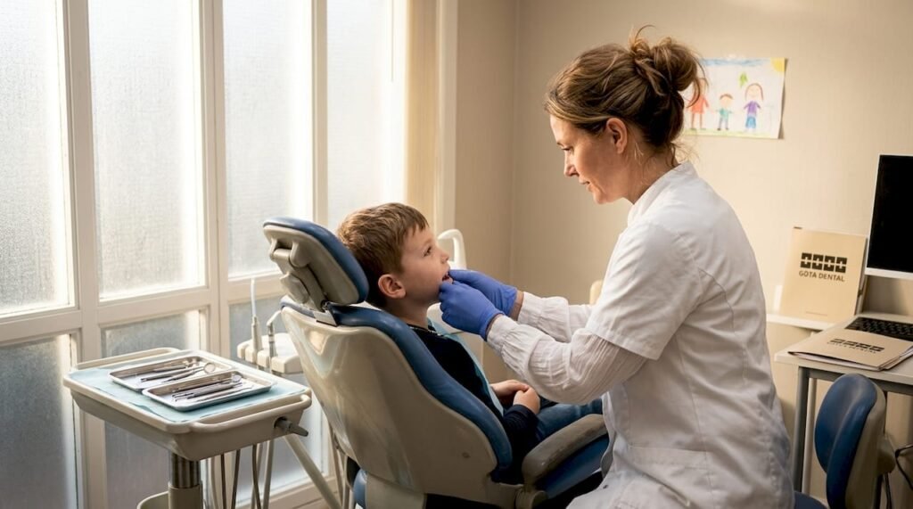 En tandläkare undersöker ett barns tänder under ett besök på kliniken.