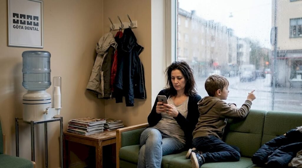 Mamma och son sitter i väntrummet inför tandläkarbesöket i Göteborg.