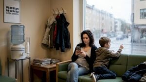 Mamma och son sitter i väntrummet inför tandläkarbesöket i Göteborg.