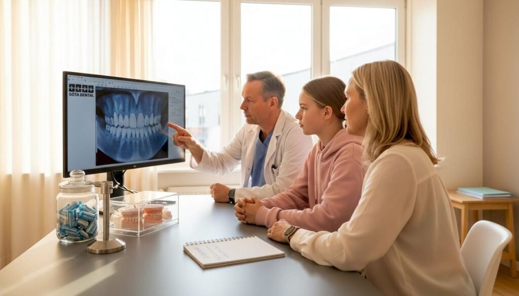 Tandregleraren går igenom behandlingsplanen med patienten