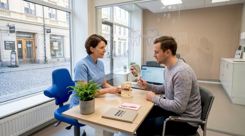 Tandläkare ger råd till patient på klinik i Göteborg