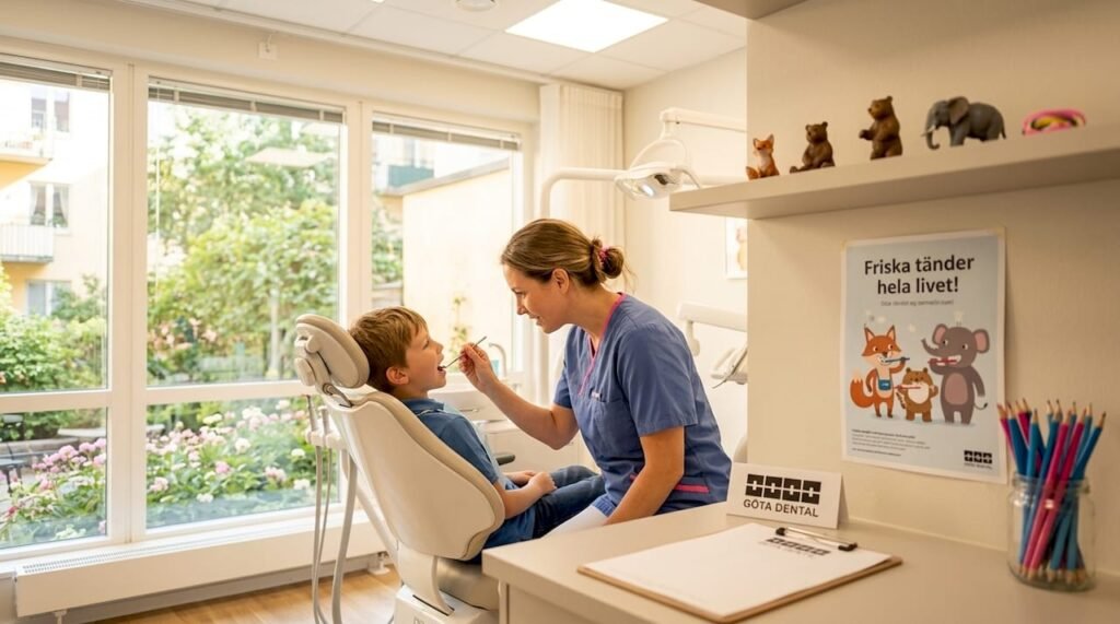 På kliniken gör tandläkaren en noggrann kontroll av barnens bett och tandutveckling.