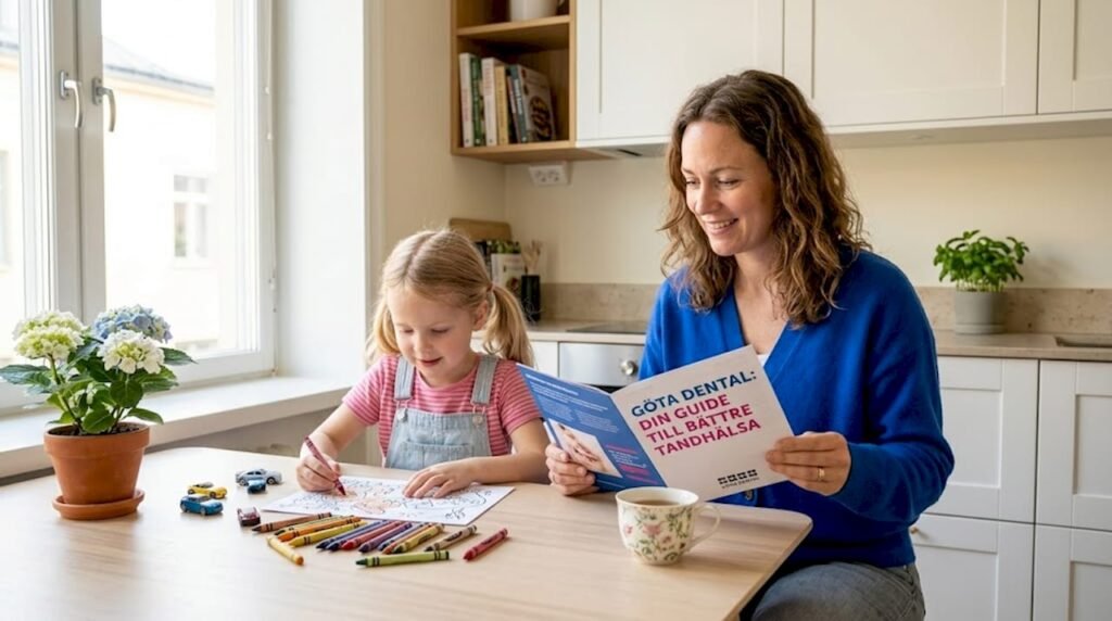 En mamma sitter tillsammans med sin dotter och läser en tandvårdsguide.