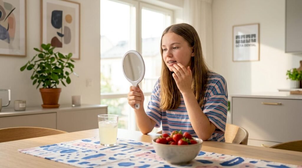 En tonåring sitter vid köksbordet och kollar noga på sin tandställning.